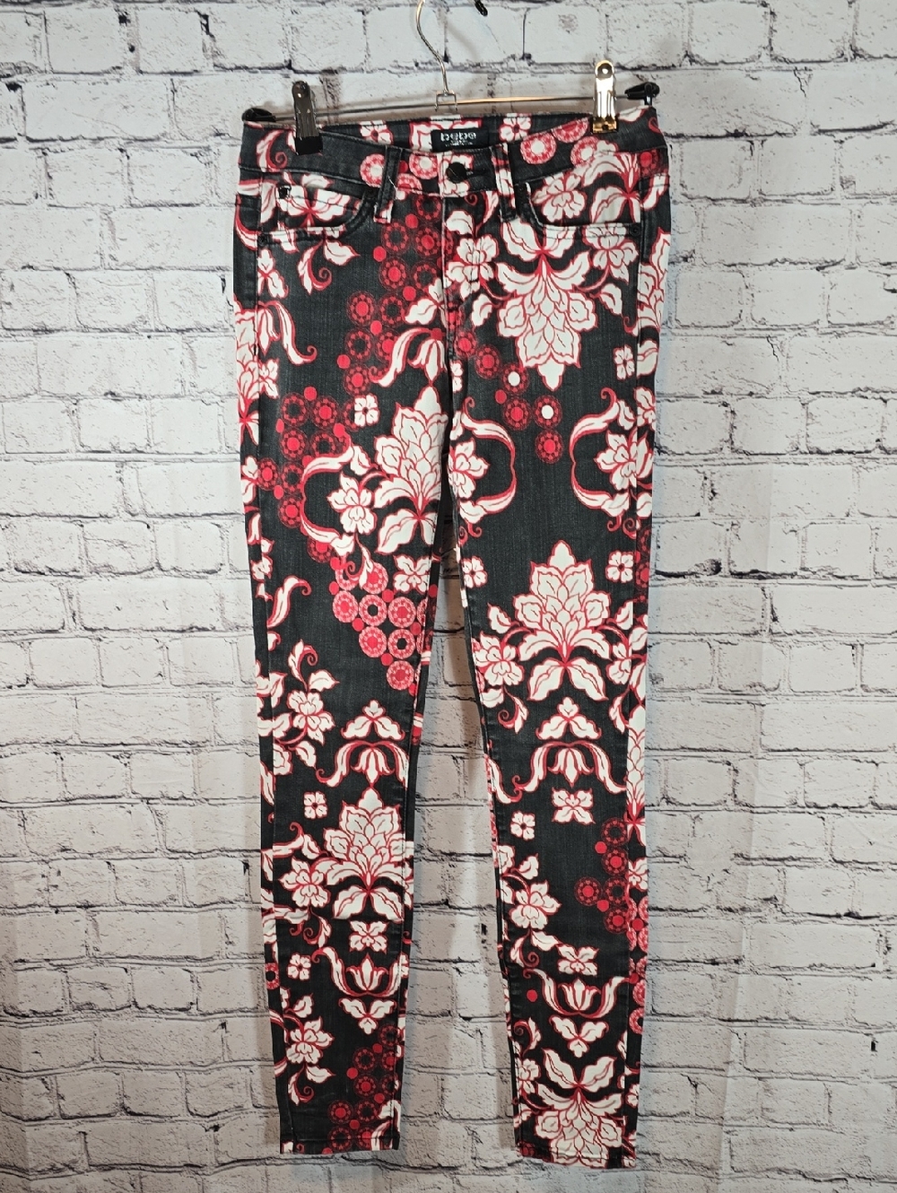 Bebe Floral Print Skinny Jeans - Black, White & Red Size 27